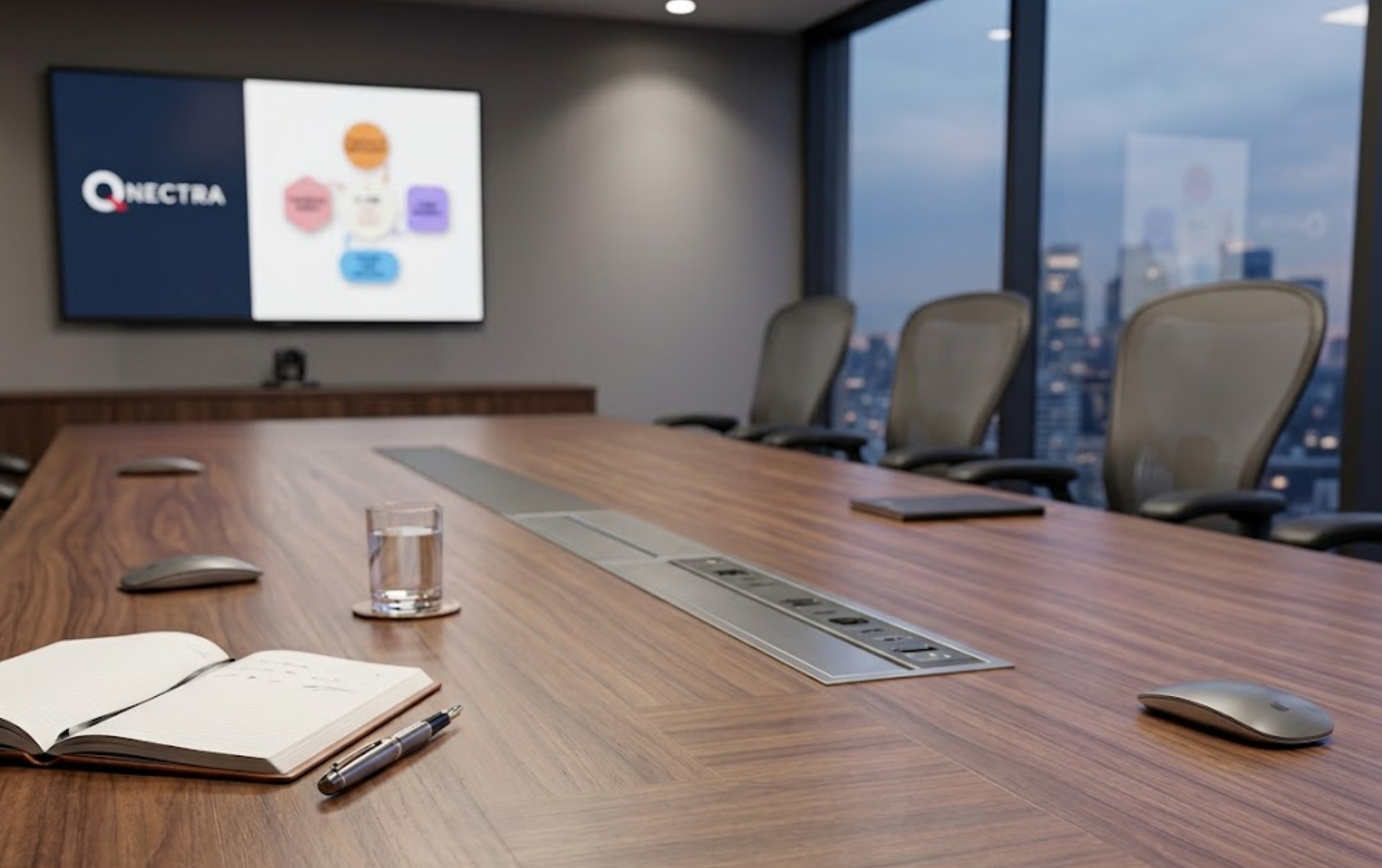 Boardroom with Qnèctra framework diagram on screen