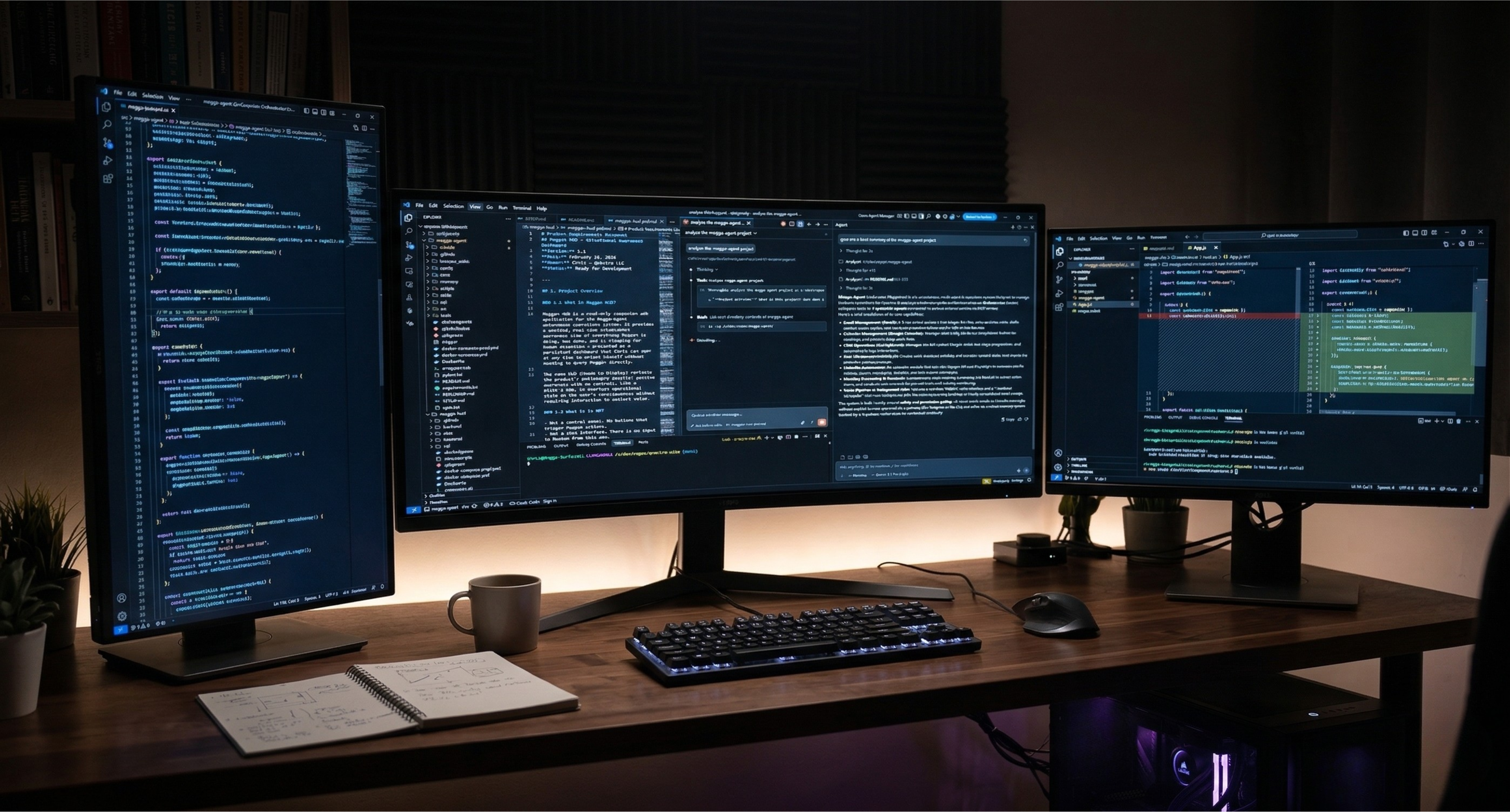 Three monitors on a desk showing agent code in VS Code — the build environment for three personal AI agents.