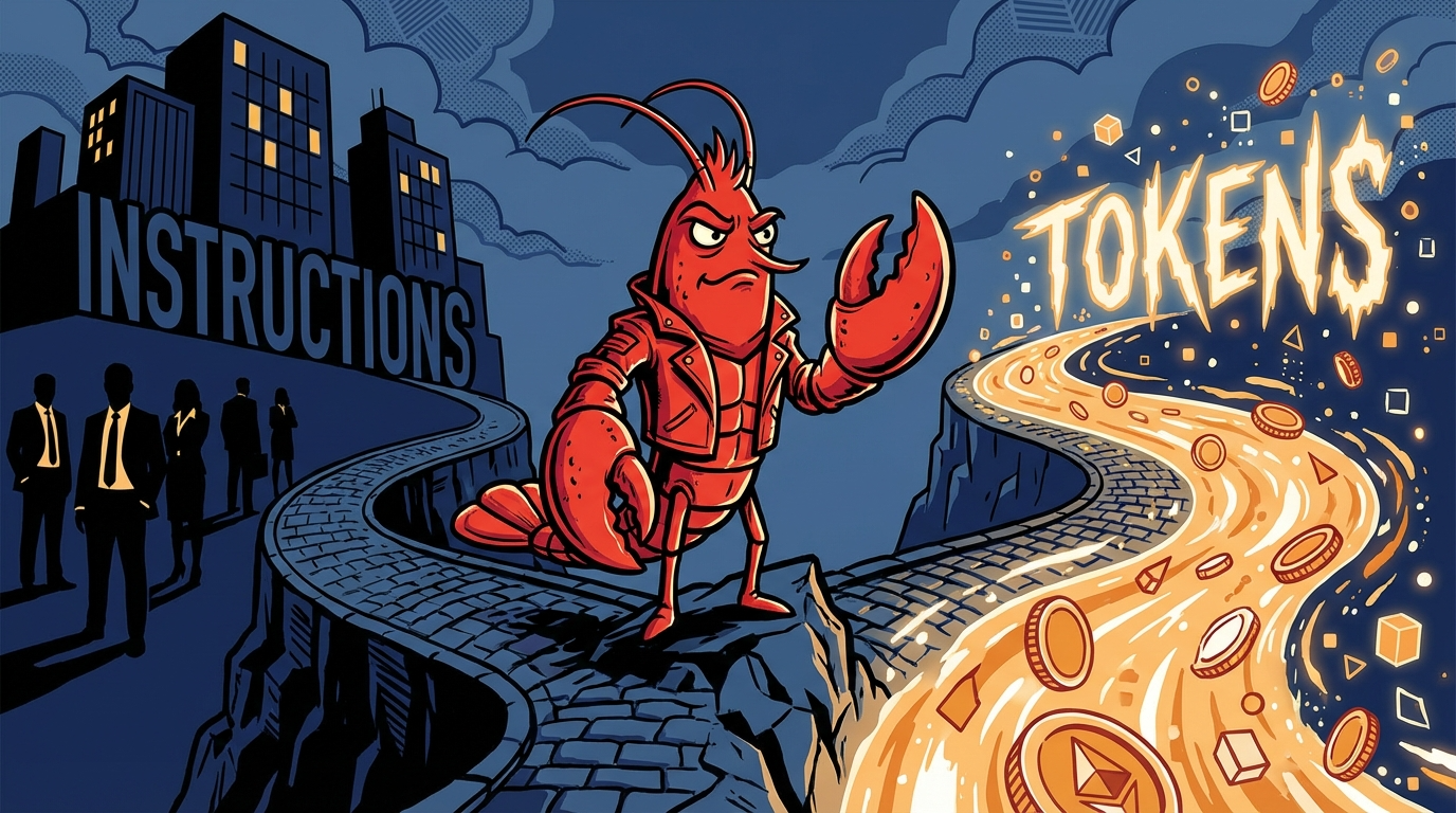 A lobster at a crossroads — the old path labeled Instructions, the new path flowing with Tokens